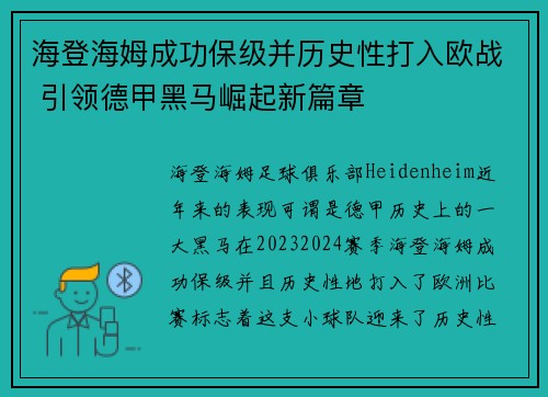 海登海姆成功保级并历史性打入欧战 引领德甲黑马崛起新篇章